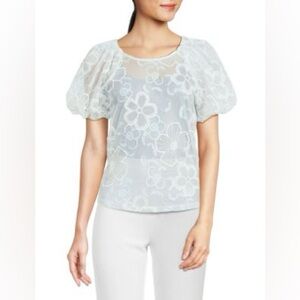 Laundry by Shelli Segal Blue & White Floral Embroidered Mesh Women's Top